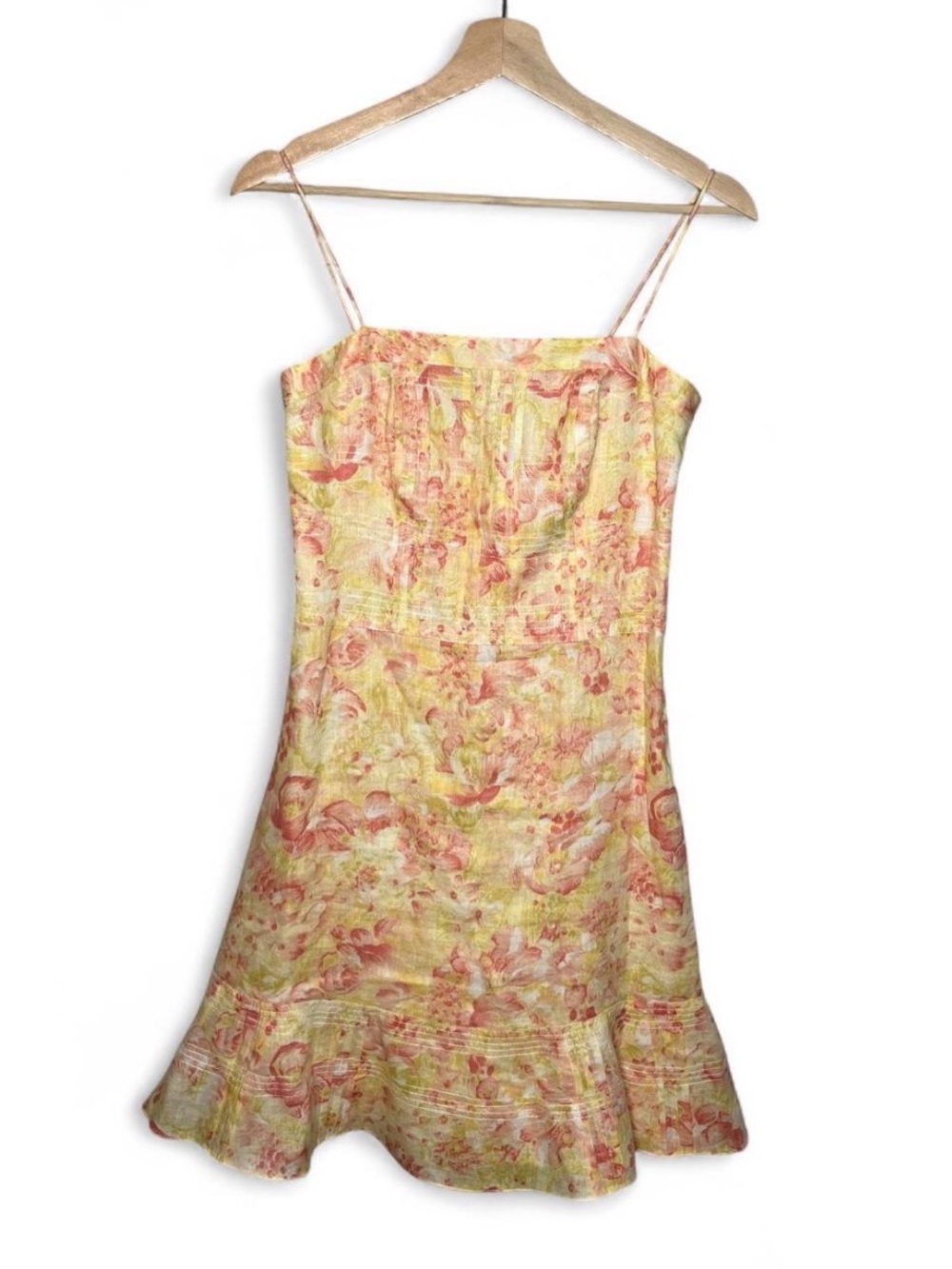 Ann Taylor Yellow Floral Printed 100% Linen Spaghetti Strap Square Neck Dress